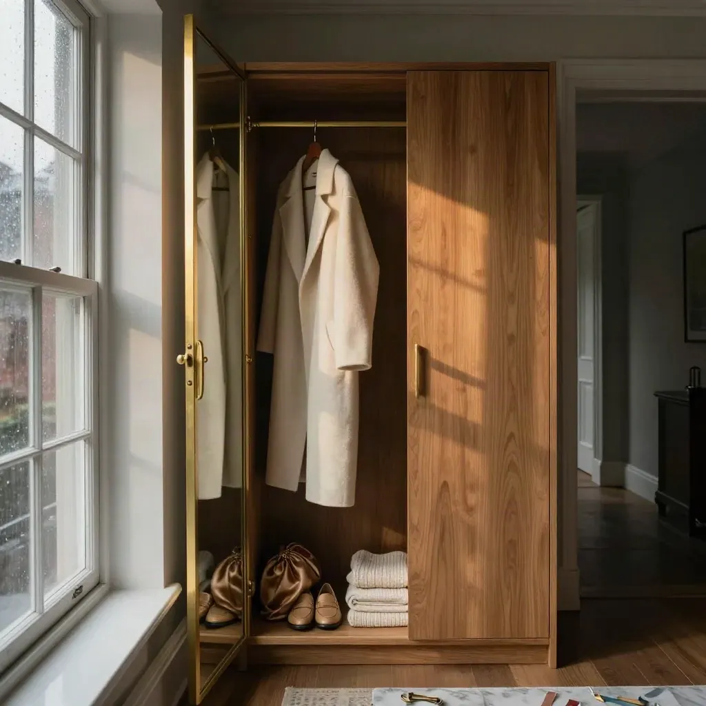 Chelsea styling suite with oak rail, cashmere coat, loafers, brass and marble in soft rain light