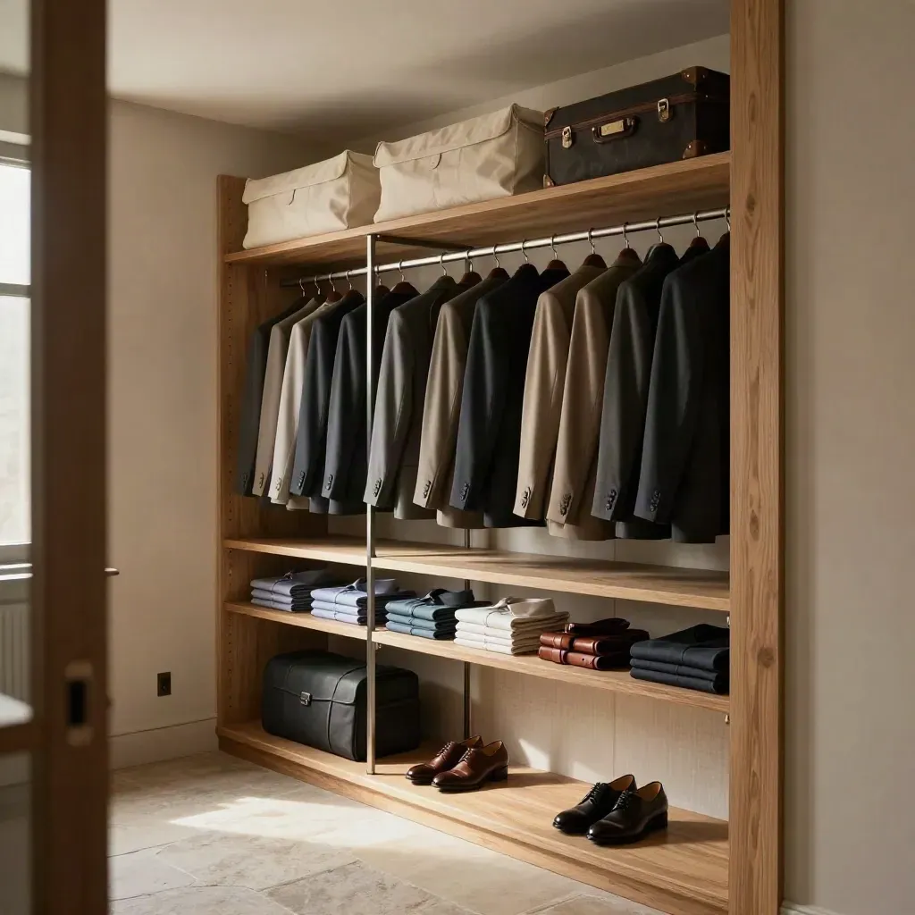 Open wardrobe capsule with charcoal jackets, tonal shirts, shoes, and luggage shelf in warm afternoon light.