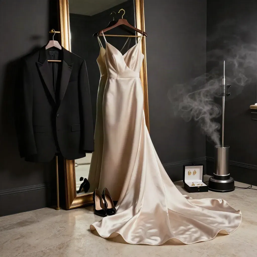 Evening outfit beside a full-length mirror with satin gown, tuxedo jacket, heels and jewelry box.