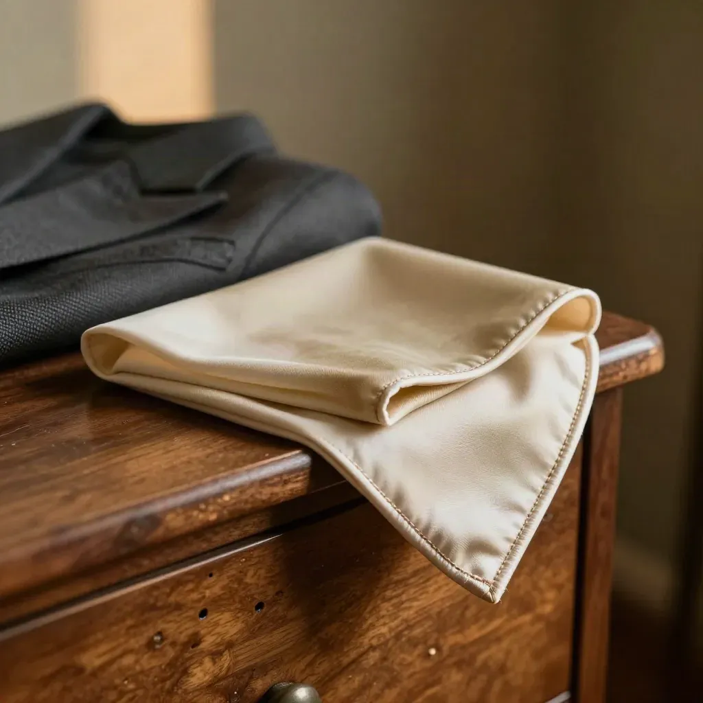 Close-up of tailored lapel, pocket square, cloth and cuff edge on a walnut dresser