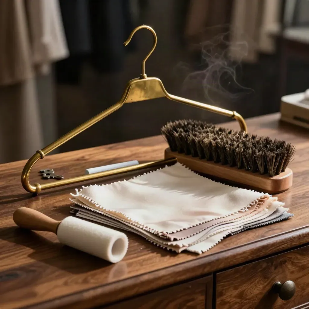 Brass hanger, chalk, brush, swatches, and lint roller on a walnut console in dramatic light.