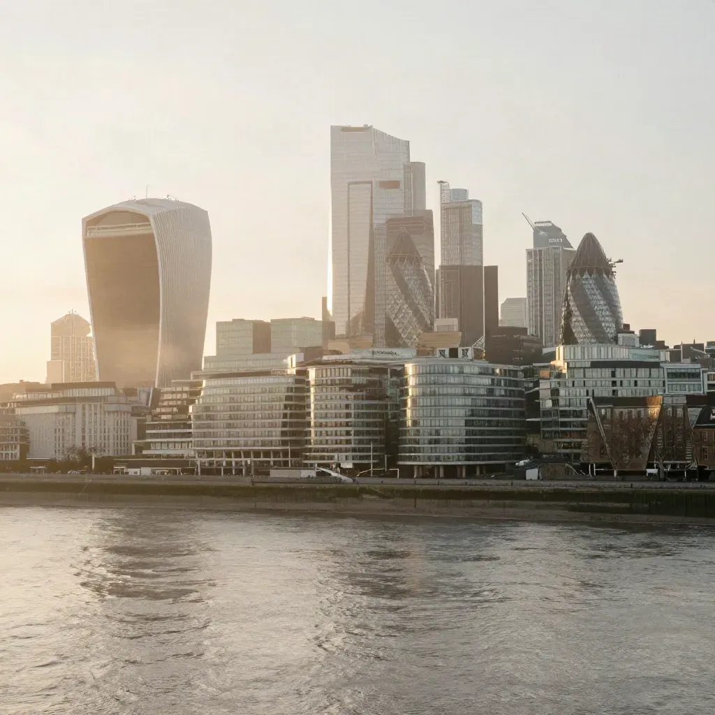 Hazy Thames skyline above a calm river at sunrise, with warm mist and open copy space.