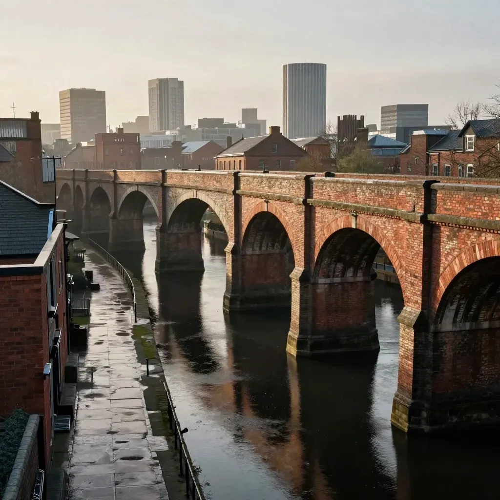 Castlefield viaducts and canal in golden hour haze with calm water and distant skyline