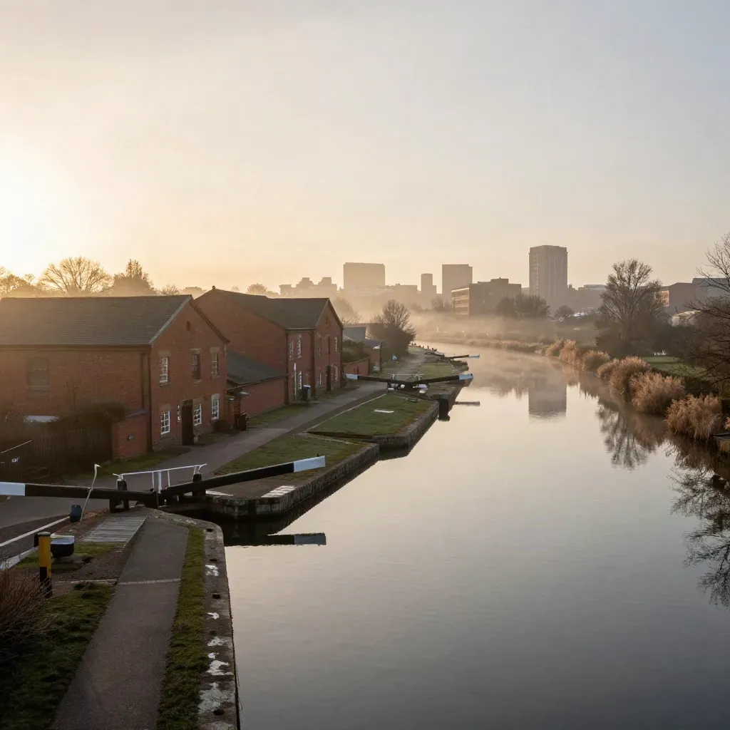 Misty Midlands canal with brick warehouses and distant Birmingham skyline at sunrise.